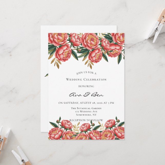 Invitation Elégante Peony Orange Peony Mariage Célébration (Devant/Arrière en situation)
