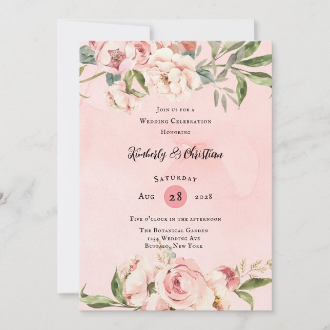Invitation Elégante Peony rose Aquarelle Mariage Célébration (Devant)