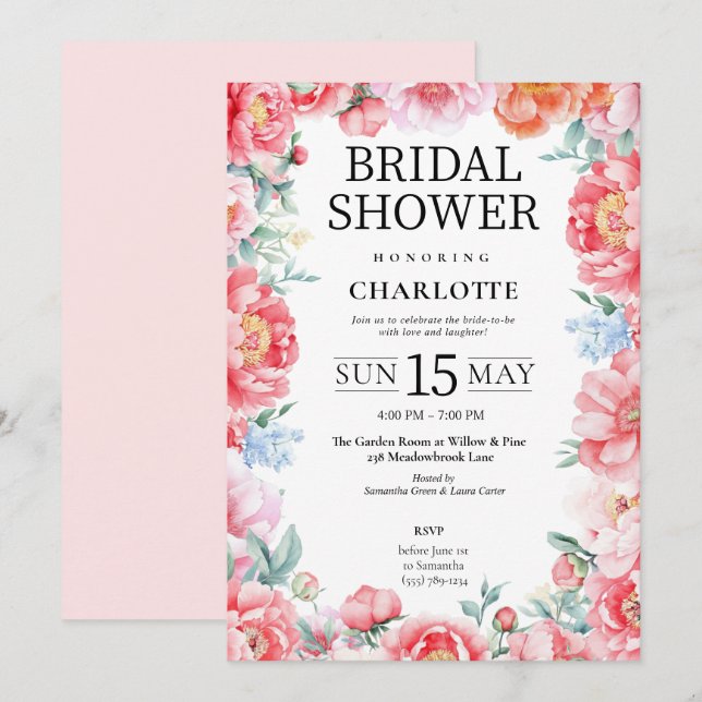 Invitation Elégante Peony rose Floral Bridal Shower Invitatio (Devant / Derrière)
