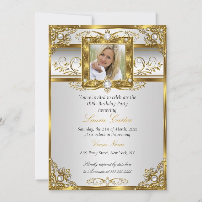 Invitation Elégante perle d'or blanc Damas photo Anniversaire (Devant)