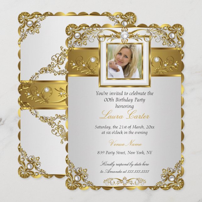 Invitation Elégante perle d'or blanc Damas photo Anniversaire (Devant / Derrière)