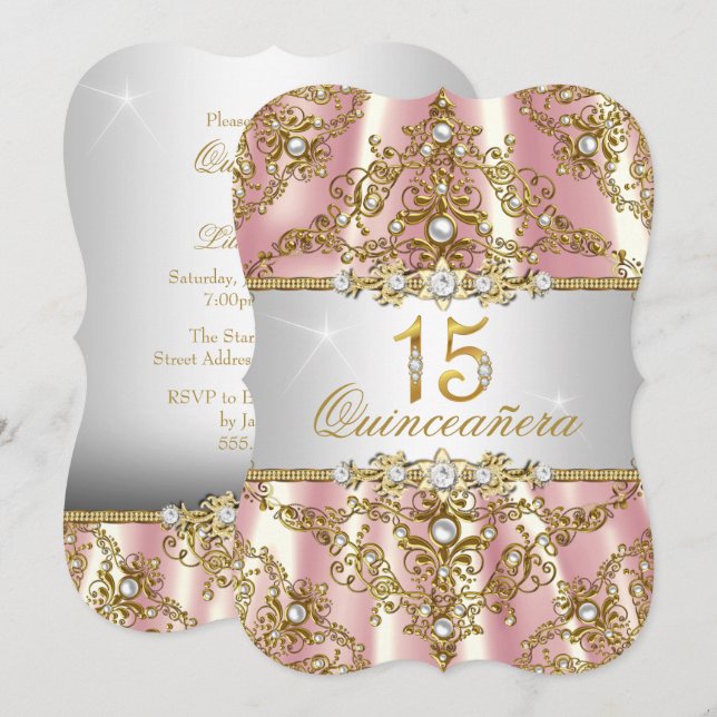 Invitation Elégante perle d'or rose Damask Quinceanera (Devant / Derrière)