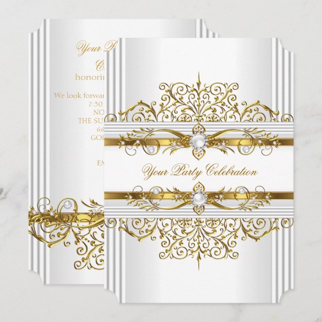 Invitation Elégante Perles Blanc Or Elégante fête d'anniversa (Devant / Derrière)