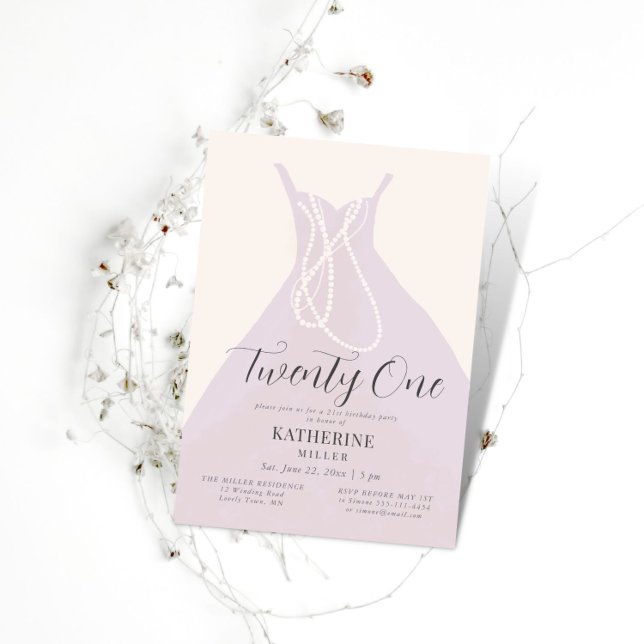 Invitation Elégante Perles Robe Rose Blush Chic 21e anniversa (Créateur téléchargé)