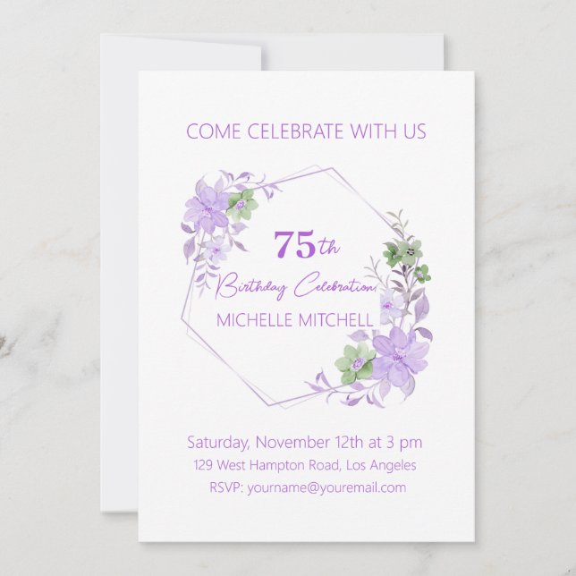 Invitation Élégante Personnalisation 75e Anniversaire Lavande (Devant)