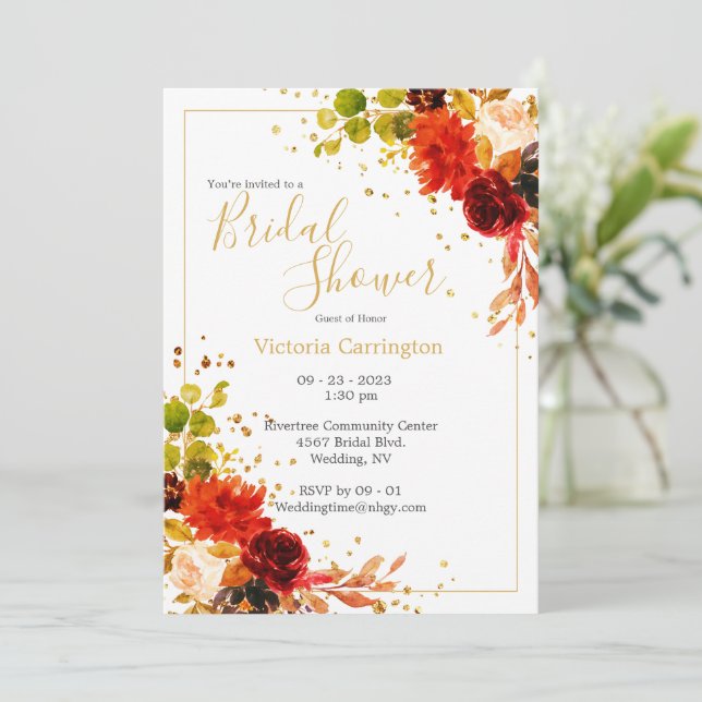 Invitation Élégante Personnaliser florale orange bordeaux (Debout devant)