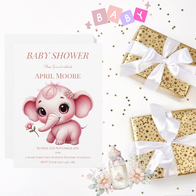 Invitation Élégante petite fille Baby shower d'éléphant rose (Pink Baby Elephant Baby Shower Invitation)