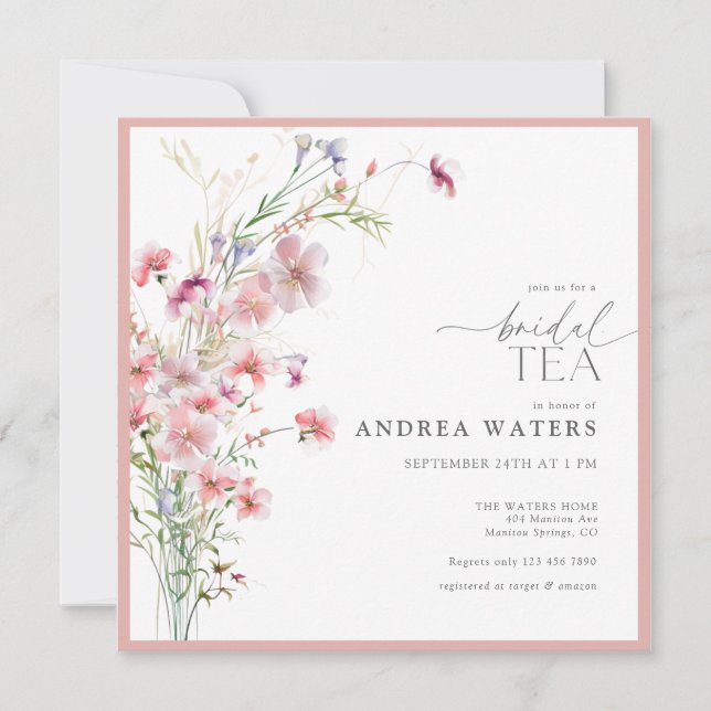 Invitation Elégante Petite Fleurs Roses Thé Nuptial (Devant)