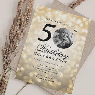 Invitation Élégante Photo 50e Anniversaire Fête Bokeh Or