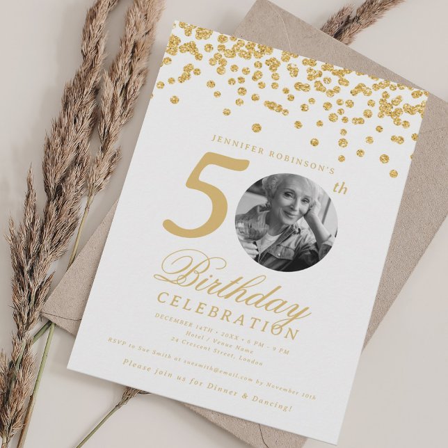 Invitation Elégante photo 50e anniversaire Gold Confetti (Elegant Photo 50th Birthday Gold Confetti Invitation)