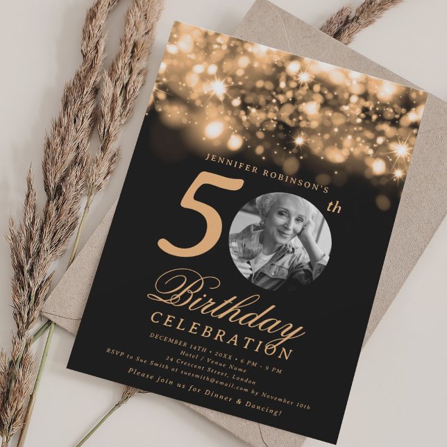 Invitation Elégante photo 50e anniversaire Gold Midnight Glam (Elegant Photo 50th Birthday Gold Midnight Glam Invitation)
