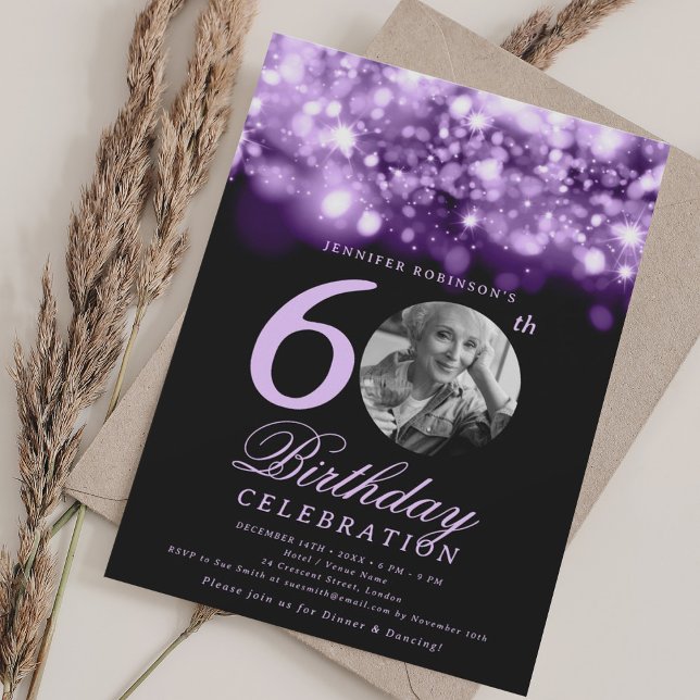 Invitation Élégante photo 60e anniversaire violet de minuit g (Elegant Photo 60th Birthday Purple Midnight Glam Invitation)