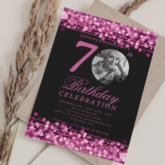 Invitation Élégante photo 70e anniversaire fête Hot rose lumi (Elegant Photo 70th Birthday Party Hot Pink Lights Invitation)