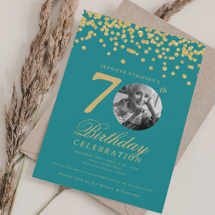 Invitation Elégante Photo 70e anniversaire Gold Turquoise