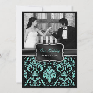 Invitation Elégante photo Aqua Blue et Black Mariage damassé