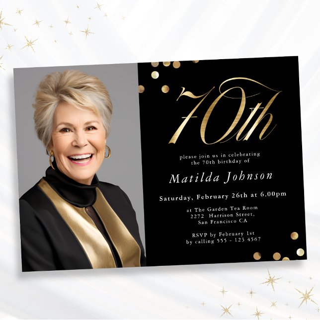 Invitation Elégante photo Black and Gold 70e anniversaire (Mockup View)