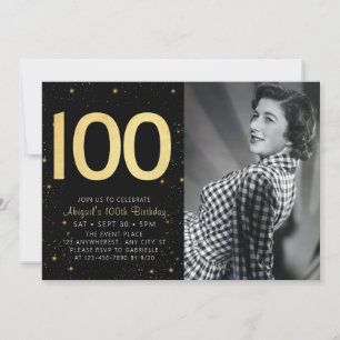 Invitation Elégante Photo Black Gold 100e fête d'anniversaire
