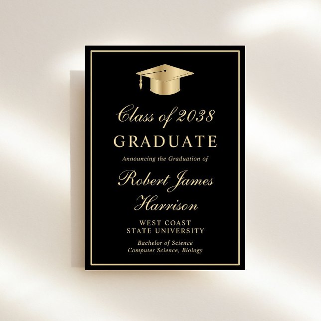 Invitation Élégante Photo Black Gold Graduation Party (An elegant college graduation party invitation to celebrate the graduate's achievements)