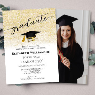 Invitation Elégante Photo Black Gold Script Graduation Party