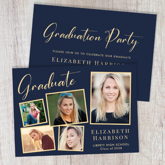 Invitation Élégante Photo Blue Gold Graduation Party (Our user-friendly template makes it a breeze to upload your photos and personalize your invitation)