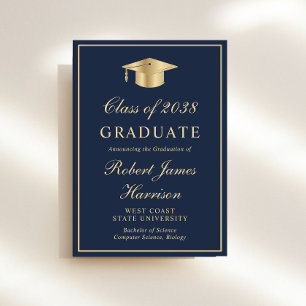 Invitation Élégante Photo Blue Gold Graduation Party