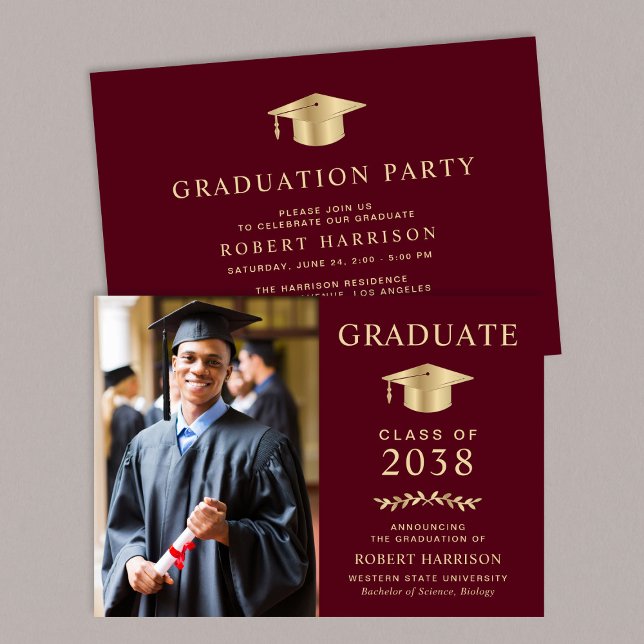 Invitation Élégante photo Burgundy Gold Graduation Party (An elegant college graduation party invitation to celebrate the graduate's achievements)
