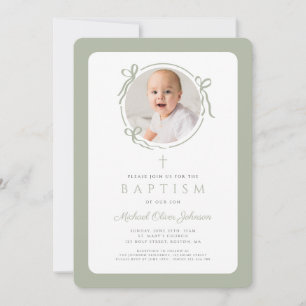 Invitation Élégante photo de baptême de garçon avec un nœud v