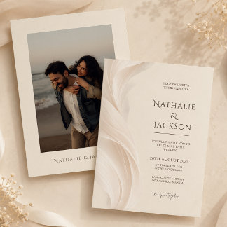 Invitation Élégante Photo De Mariage De Plume De Beige D'Ivoi