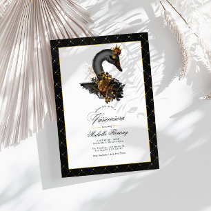 Invitation Élégante Photo de Quinceañera au Cygne Noir et Or