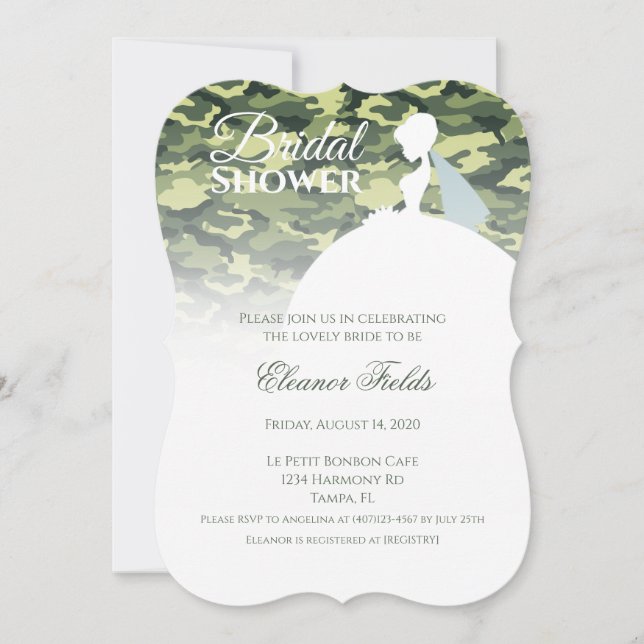 Invitation Élégante photo en camo avec Fête de l'mariée de ro (Devant)
