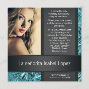 Invitation Elégante photo en noir et Turquoise de Quinceanera