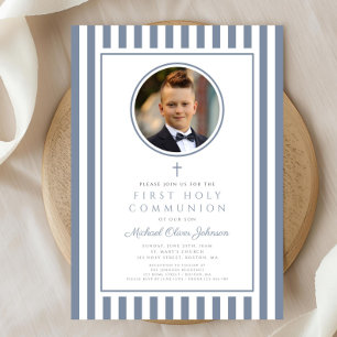 Invitation Élégante photo garçon première communion bleu pous