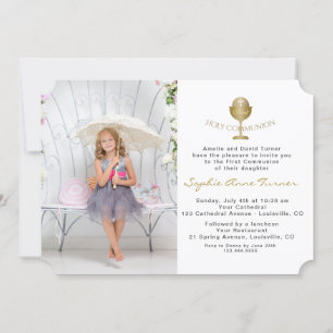 Invitation Élégante Photo Girl Gold Chalice Holy Communion