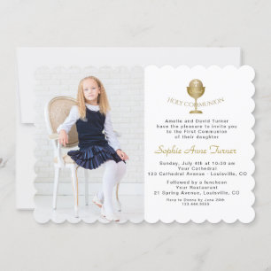 Invitation Élégante Photo Girl Gold Chalice Holy Communion