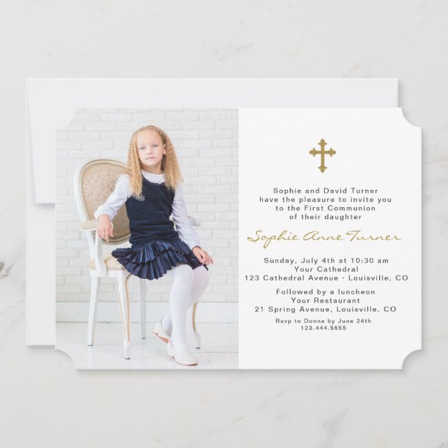 Invitation Elégante Photo Girl Gold Cross First Holy Communio (Devant)