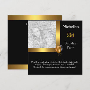 Invitation Elégante photo Gold Black Balloon 21e anniversaire