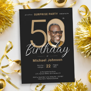 Invitation Elégante photo Gold Black Surprise 50e anniversair