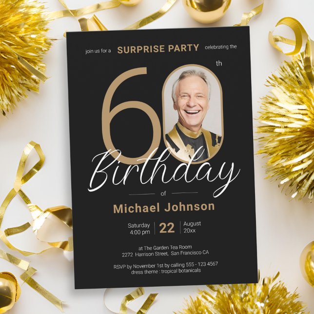 Invitation Elégante photo Gold Black Surprise 60e anniversair (Elegant Photo Gold Black Surprise 60th Birthday Invitation)