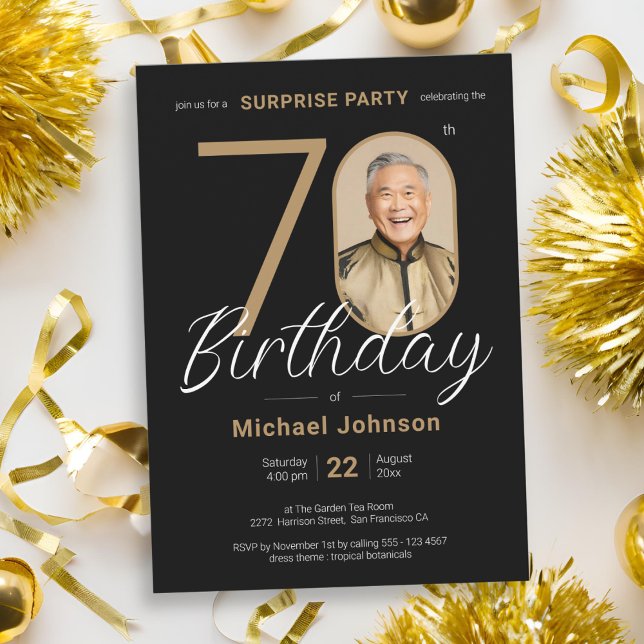 Invitation Elégante photo Gold Black Surprise 70e anniversair (Elegant Photo Gold Black Surprise 70th Birthday Invitation)