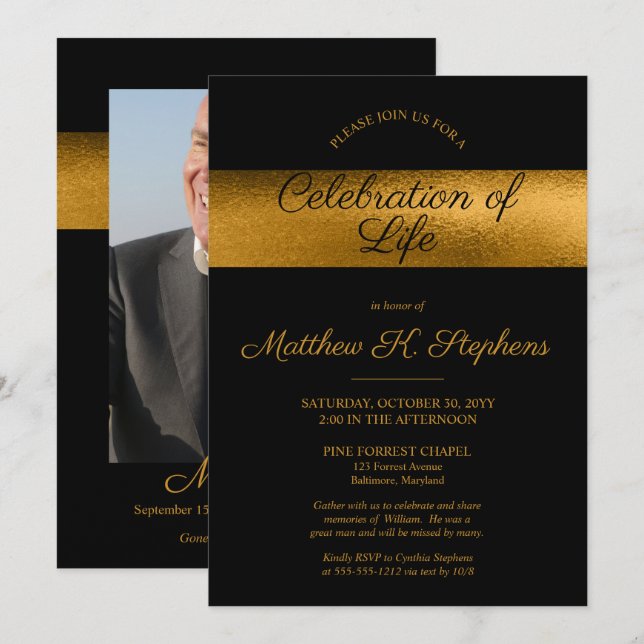 Invitation Élégante photo noire | Célébration de la vie en or (Devant / Derrière)