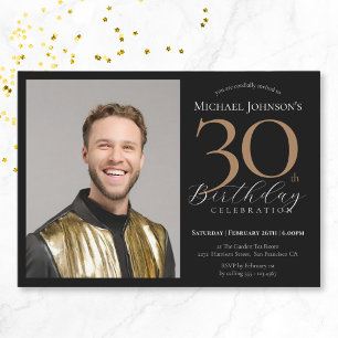Invitation Elégante photo personnalisée Black Gold 30e annive