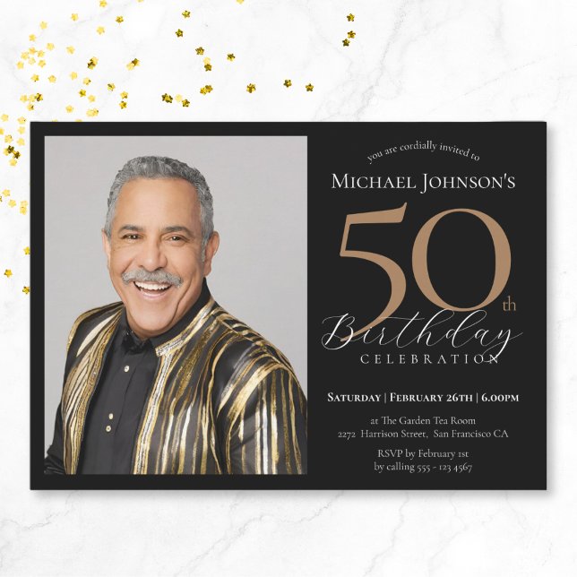 Invitation Elégante photo personnalisée Black Gold 50e annive (Elegant Custom Photo Black Gold 50th Birthday Invitation)