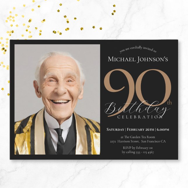 Invitation Elégante photo personnalisée Black Gold 90e annive (Elegant Custom Photo Black Gold 90th Birthday Invitation)