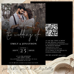 Invitation Élégante photo QR Code Script Mariage noir