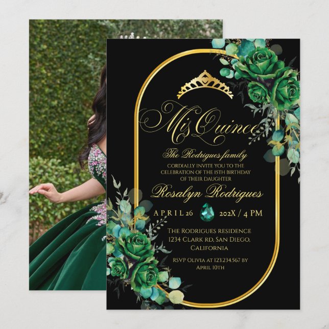 Invitation Elégante photo Quinceanera noir vert anniversaire (Devant / Derrière)