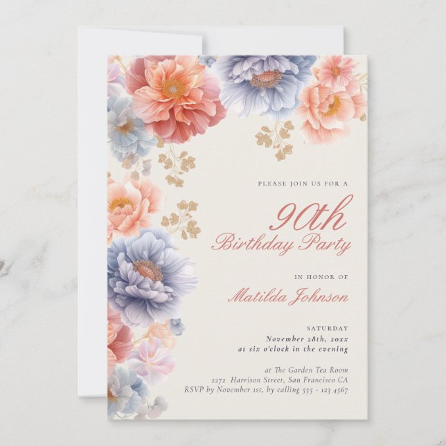 Invitation Élégante photo rose florale 90e anniversaire (Devant)