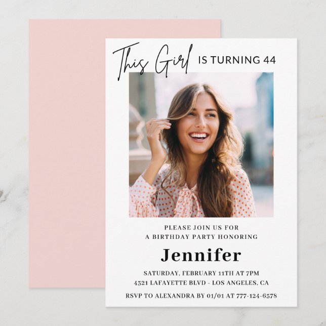 Invitation Élégante photo rose moderne 44e anniversaire (Devant / Derrière)