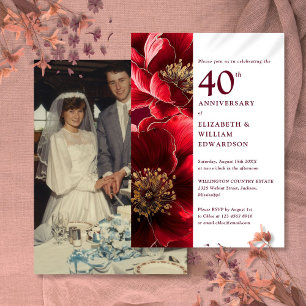 Invitation Élégante photo rouge or floral 40e anniversaire