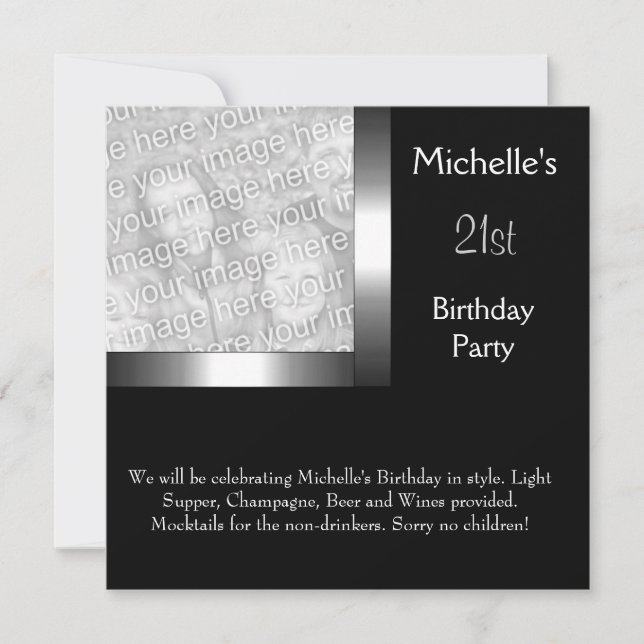 Invitation Elégante photo Silver Black 21e anniversaire (Devant)