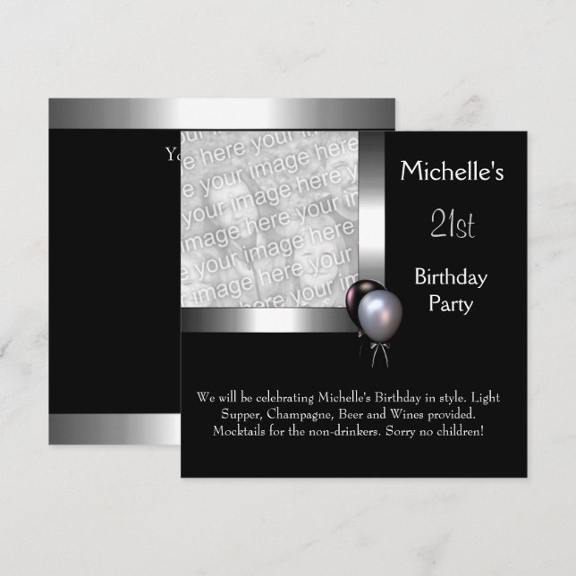 Invitation Elégante photo Silver Black Balloon 21e anniversai (Devant / Derrière)